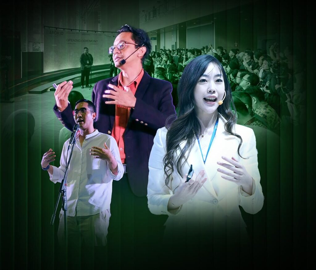 Professional seminar with speakers presenting to an audience